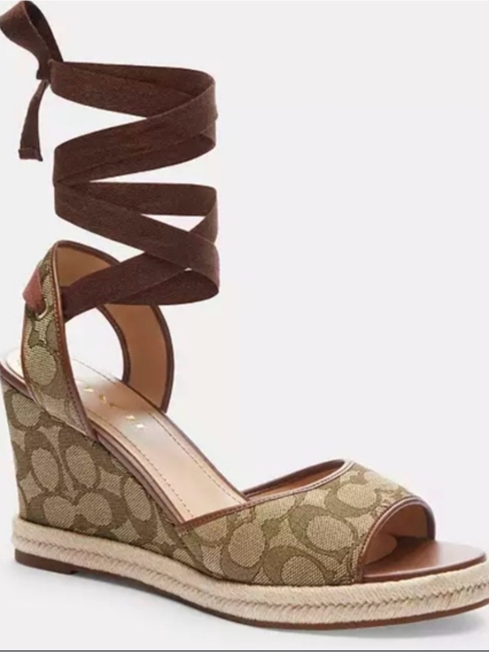 Coach Beige Brown Signature Canvas Espadrille Wedge with Wrap Tie
